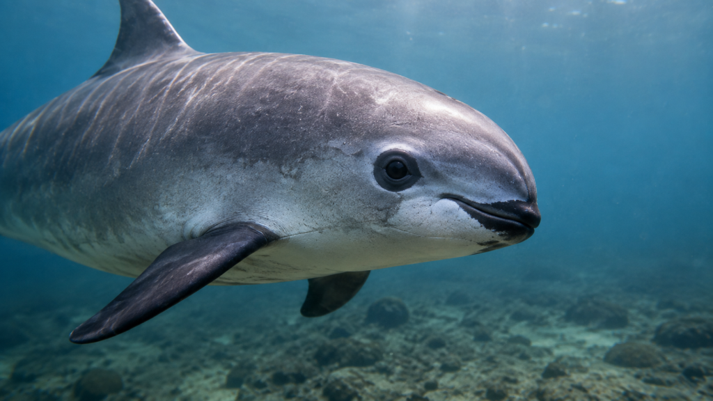 Close de vaquita mostrando as manchas escuras ao redor dos olhos e dos lábios