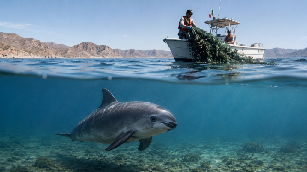 Representação de equipe retirando redes de pesca enquanto uma vaquita nada no Golfo da Califórnia