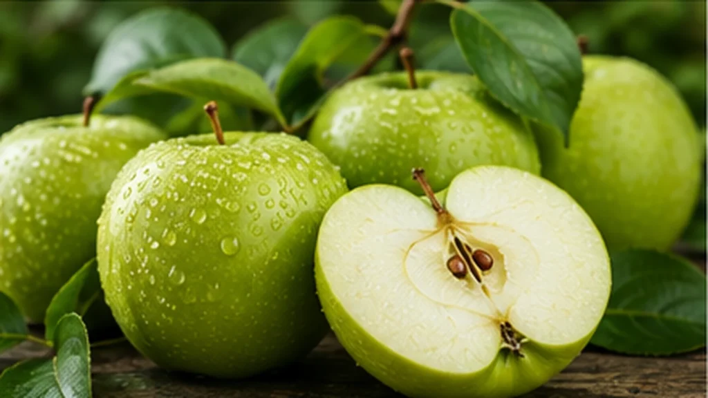Maçãs Granny Smith verdes e maduras em galhos de uma macieira em pomar.