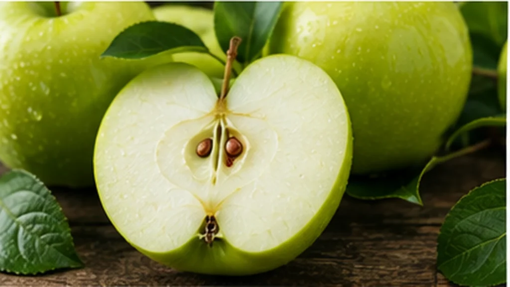 Maçã Granny Smith inteira e cortada mostrando casca verde e polpa clara.