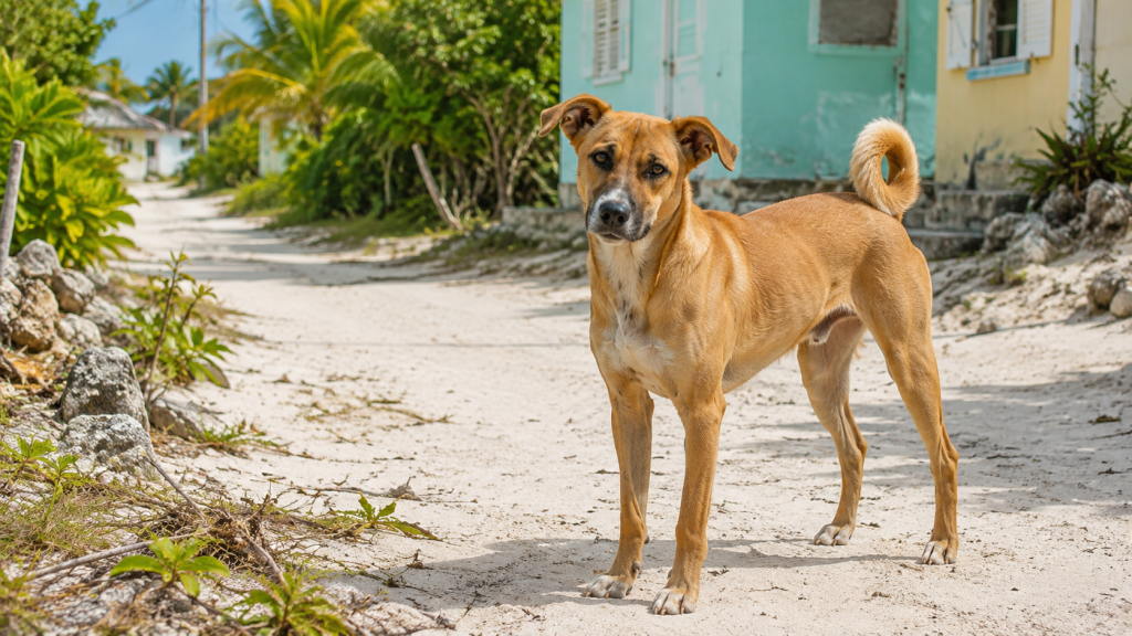 Cão Potcake caramelo em rua de areia cercada por casas e vegetação tropical.