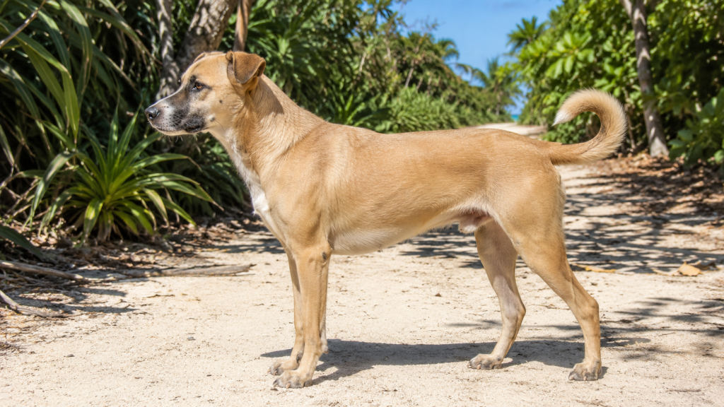 Cão mestiço caramelo de porte médio, corpo esguio, pelagem curta e cauda curvada.
