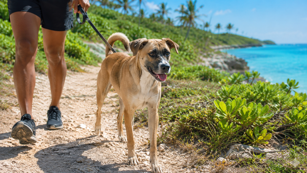 Cão Potcake caminhando com guia em trilha costeira tropical.