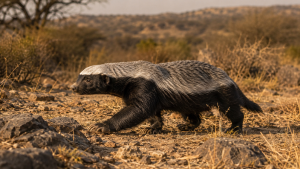 Texugo-do-mel caminhando por terreno rochoso em ambiente de savana africana