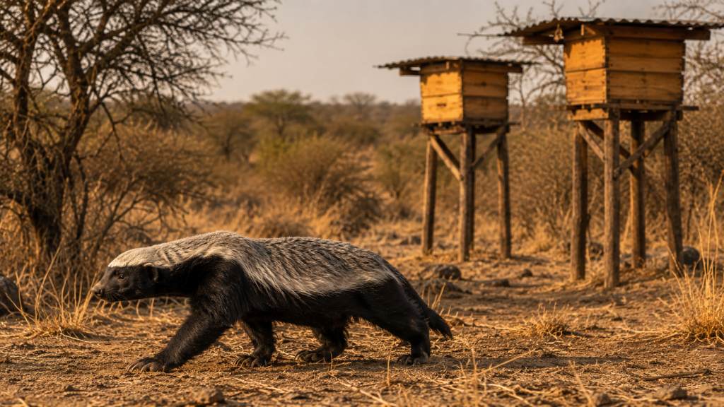 Texugo-do-mel próximo a colmeias instaladas em suportes elevados em paisagem africana