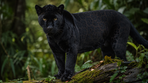 Pantera negra com rosetas visíveis sobre a pelagem escura em floresta tropical