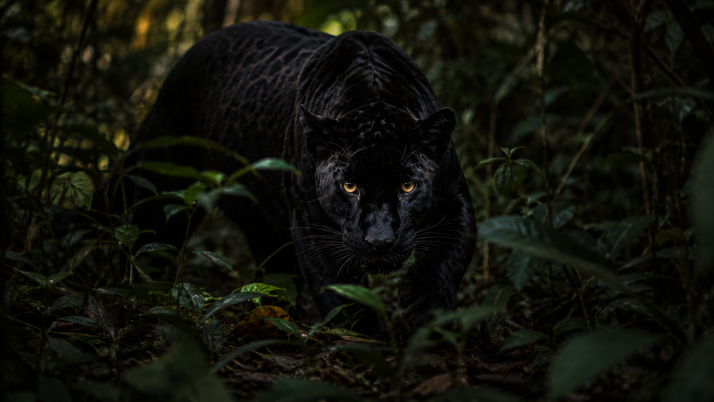 Pantera negra caminhando silenciosamente entre a vegetação densa da floresta