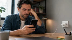 Pessoa verificando um celular que carrega lentamente ao lado de cabo e carregador sobre uma mesa.