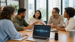 Profissionais participam de reunião enquanto um computador registra o áudio para posterior criação de uma ata.