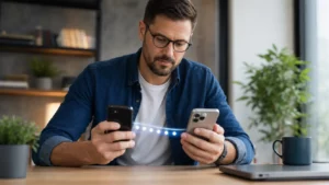 Pessoa comparando um celular antigo e um novo durante a transferência segura de códigos de autenticação.