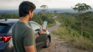 Pessoa segurando celular com mapa genérico durante viagem em região de sinal fraco