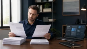 Pessoa compara duas versões impressas de um documento com apoio de IA no notebook.