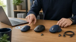 Três mouses sem fio representam conexão Bluetooth, receptor USB e modo duplo.