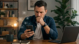 Pessoa verifica um celular que não está exibindo notificações de mensagens.