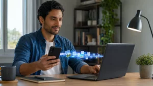Usuário verifica Wi-Fi, Bluetooth e proximidade entre celular e computador
