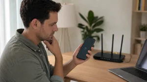 : Pessoa verifica celular conectado ao Wi-Fi ao lado do roteador doméstico.