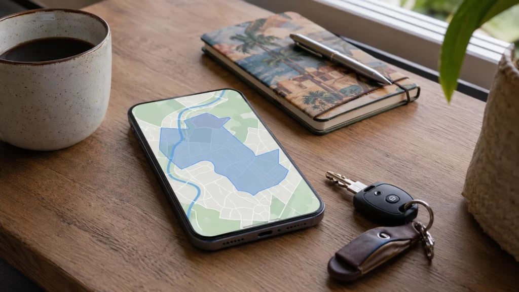 Pessoa segurando celular com mapa genérico durante viagem em região de sinal fraco