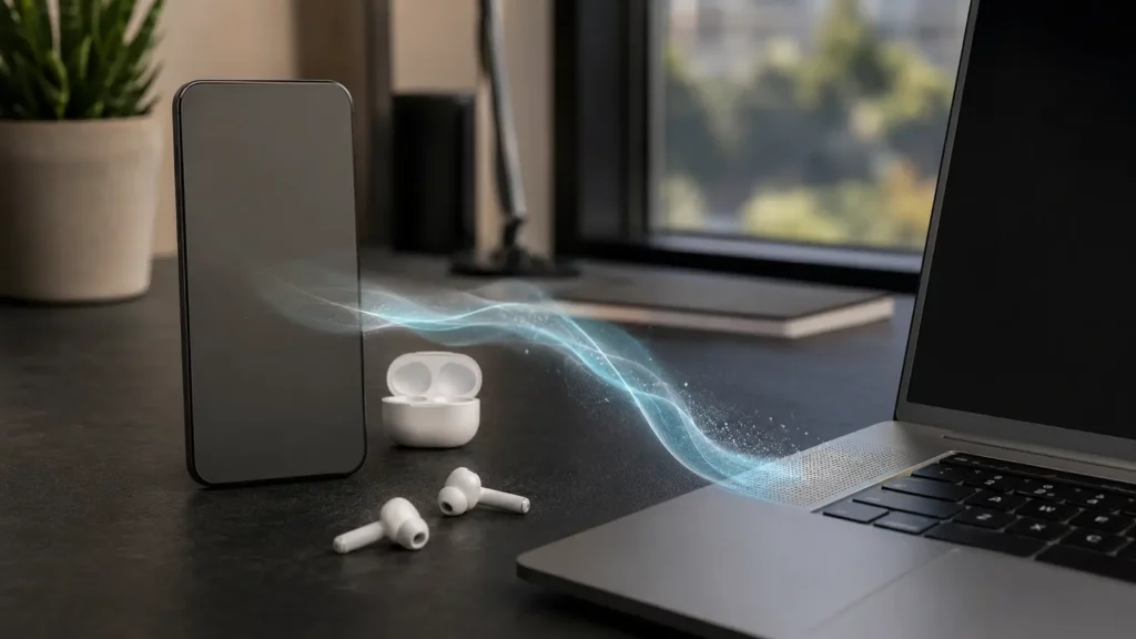 Celular pareado com fones Bluetooth enquanto o som é direcionado conceitualmente para outro aparelho.