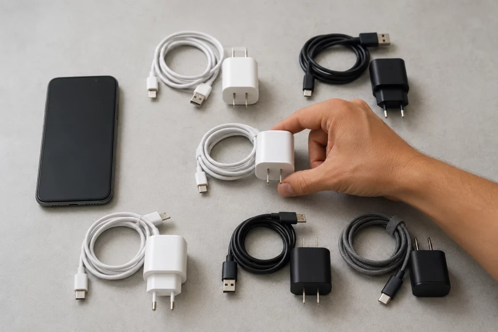 Cabos e carregadores genéricos organizados para comparação ao lado de um smartphone.