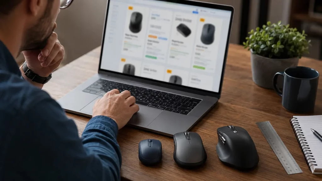 Pessoa compara diferentes formatos de mouse sem fio em uma página de compras.