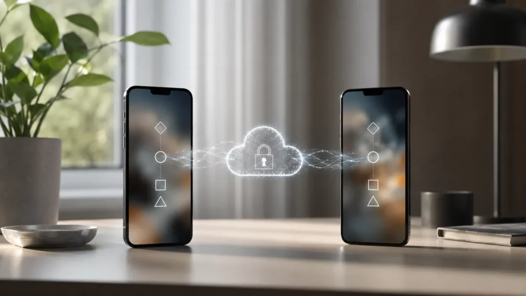 Dois smartphones exibindo símbolos genéricos de autenticação sincronizados por uma nuvem segura.