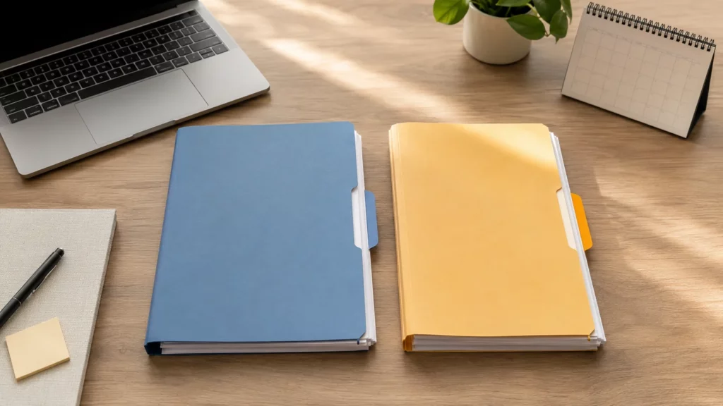 Duas pastas de documentos organizadas por cores representam as versões original e revisada.