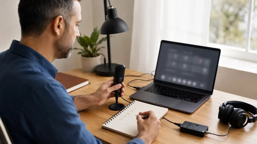 Pessoa verifica microfone e computador antes de iniciar a gravação de uma reunião.