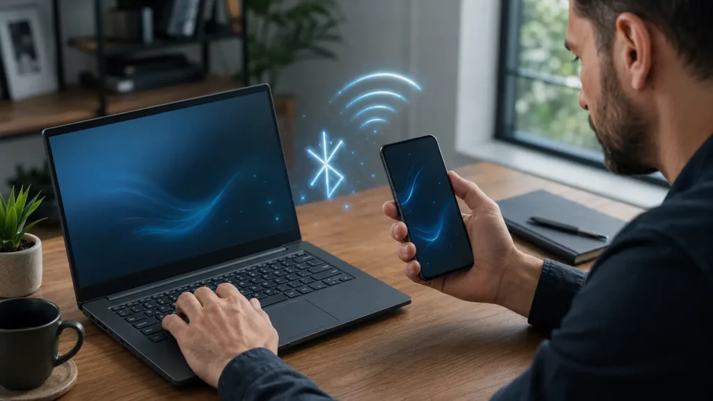 Usuário verifica Wi-Fi, Bluetooth e proximidade entre celular e computador.