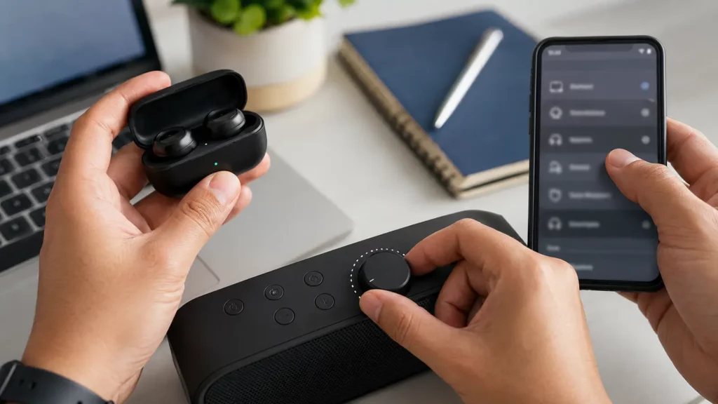 Pessoa verificando volume e carga de fones Bluetooth antes de refazer o pareamento.