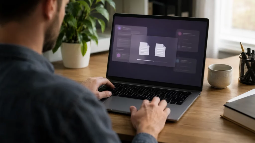 Pessoa envia dois documentos para uma ferramenta de IA em um notebook.