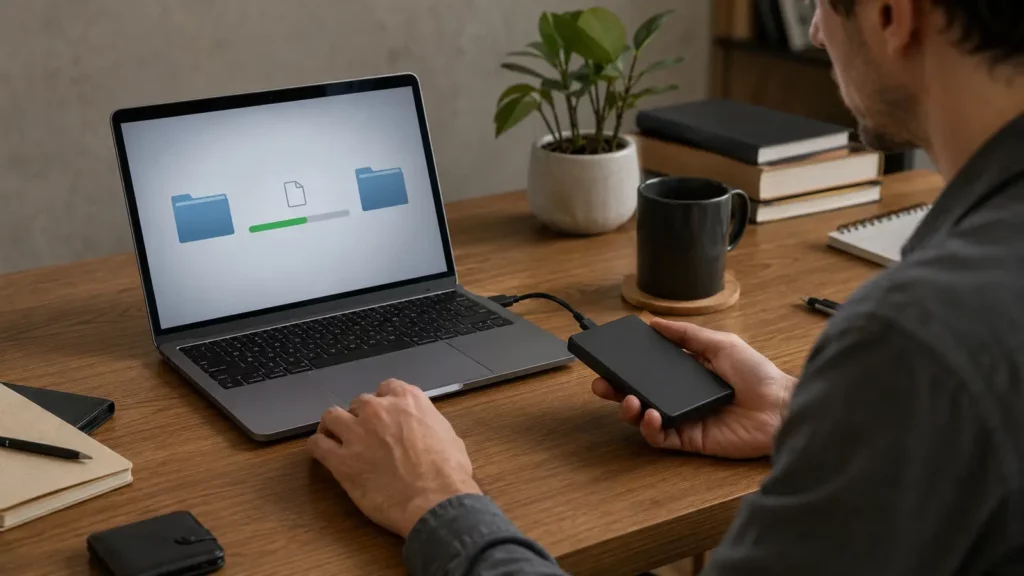Pessoa copia arquivos pendentes para armazenamento externo antes de corrigir o Drive