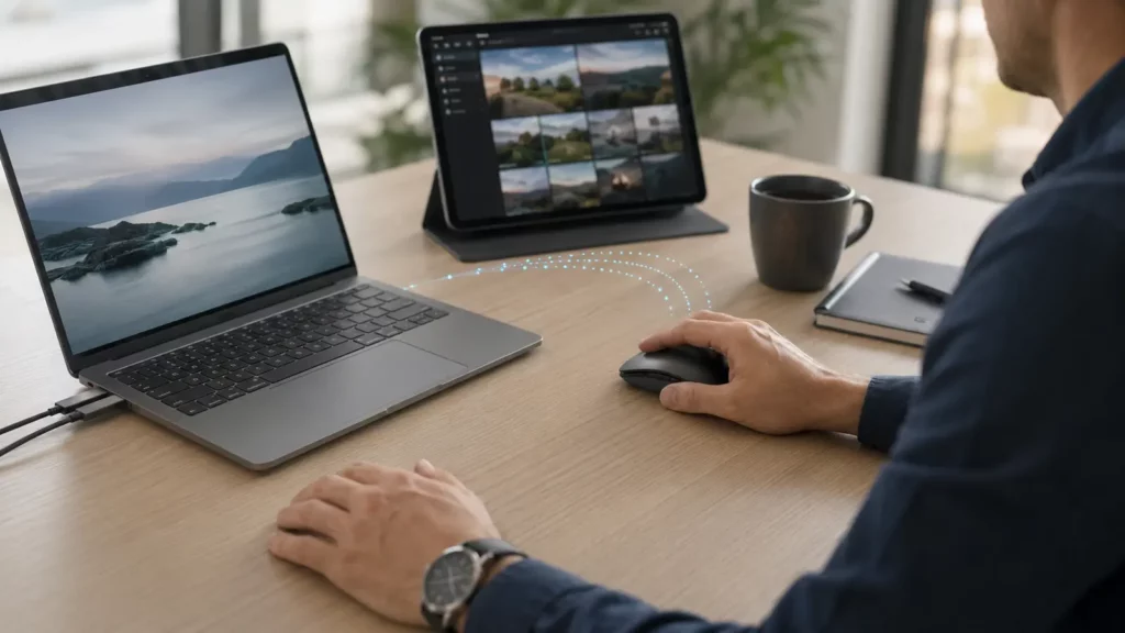 Mouse Bluetooth ao lado de notebook fino e tablet com portas livres.