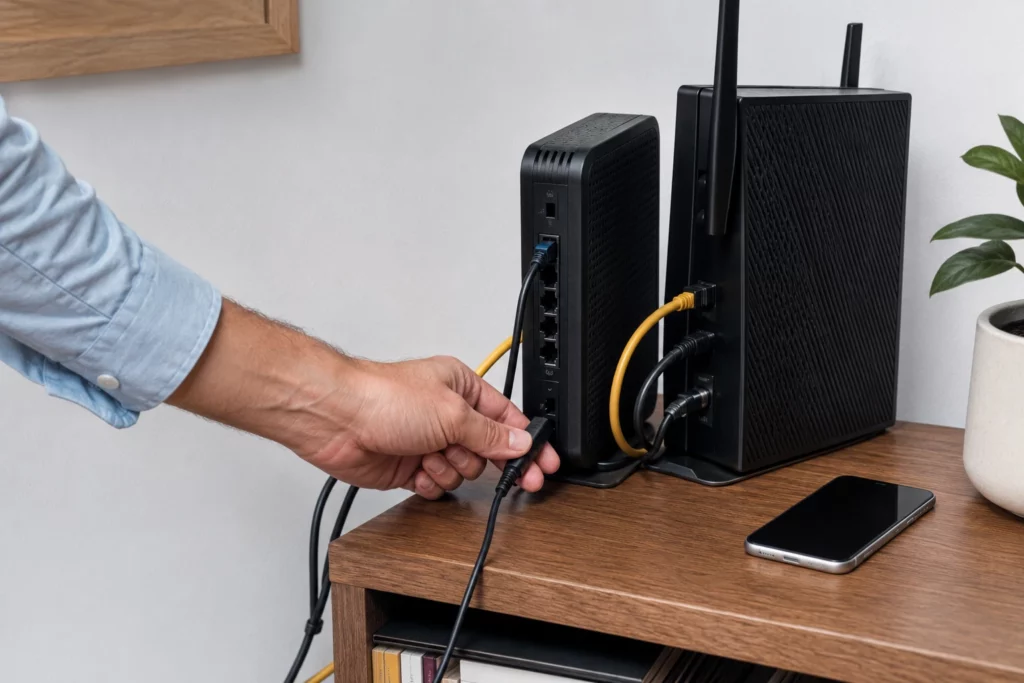 Pessoa desconecta a energia do modem e do roteador para reiniciá-los.