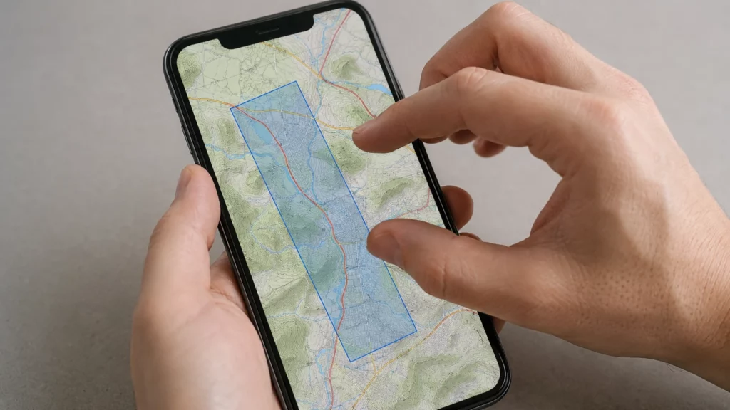 Mãos ajustando uma área retangular sobre um mapa genérico no celular