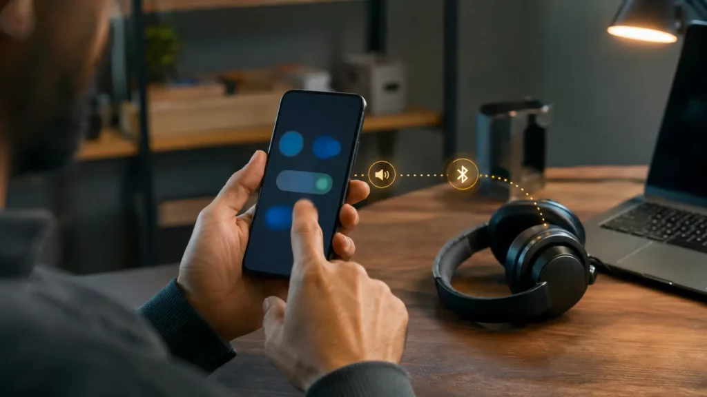 Usuário revisando de forma conceitual a saída de mídia Bluetooth em um celular Android genérico.