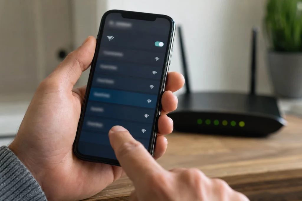 Pessoa reconecta o celular a uma rede Wi-Fi doméstica.