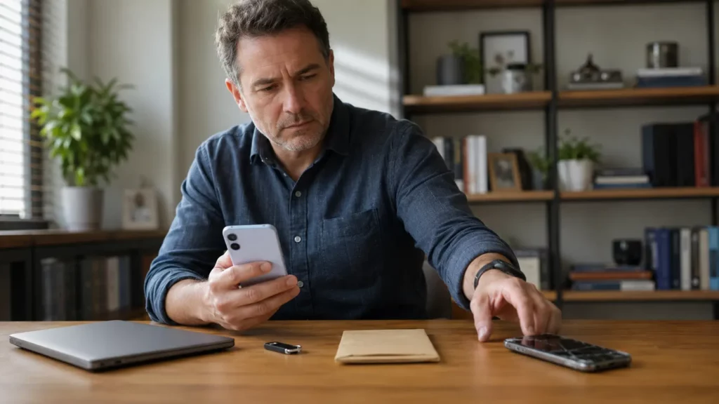 Novo celular ao lado de um aparelho antigo indisponível e recursos alternativos de recuperação de conta.