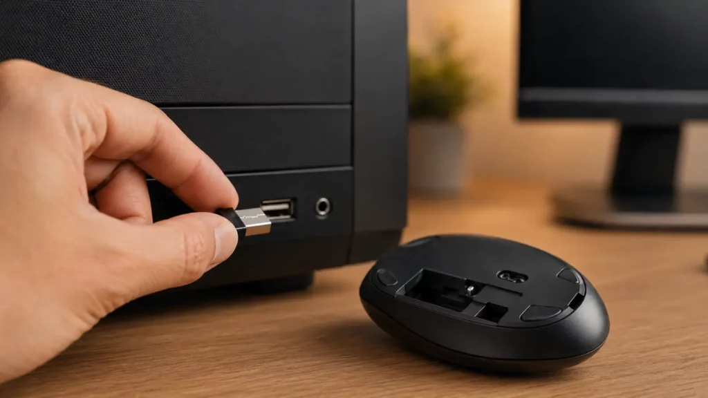 Pessoa conecta um pequeno receptor USB-A de mouse sem fio ao computador.