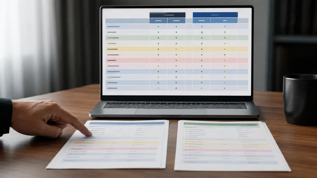 Tabela visual organiza diferenças entre dois documentos.