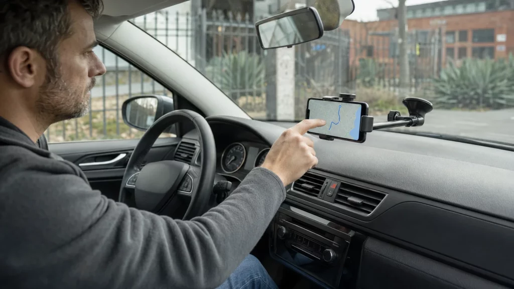Motorista testando navegação offline com o carro estacionado em local seguro