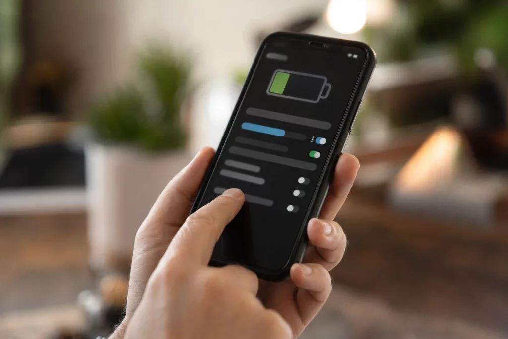 Pessoa consultando opções genéricas de bateria em um celular, sem interface oficial legível.