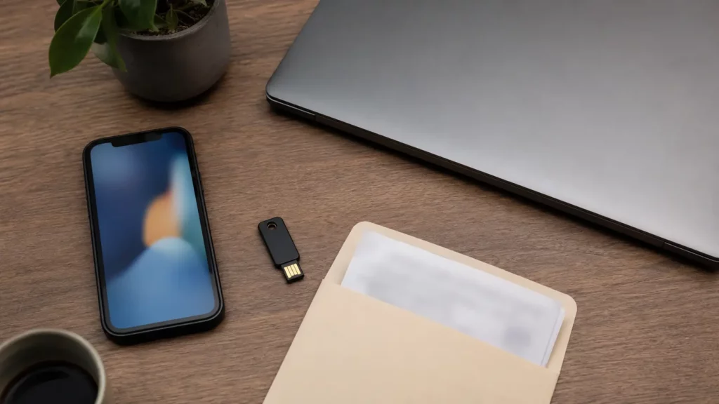 Mesa organizada com celular, notebook, chave de segurança e envelope de códigos alternativos.