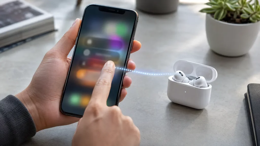 Pessoa escolhendo conceitualmente fones Bluetooth como destino do áudio em um smartphone genérico.