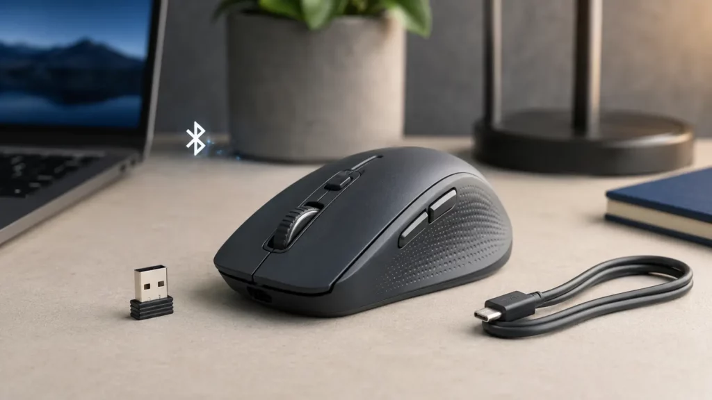 Mouse sem fio de modo duplo ao lado de receptor USB-A e cabo USB-C.