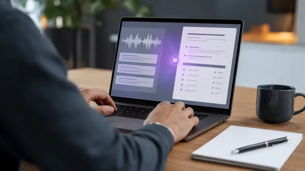 Computador mostra a passagem de uma transcrição bruta para um documento organizado em seções.