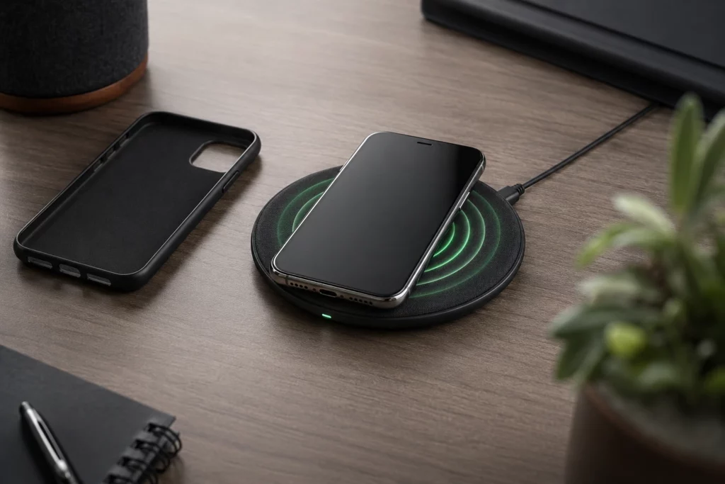 Smartphone centralizado sobre uma base de carregamento sem fio, com a capa retirada ao lado.