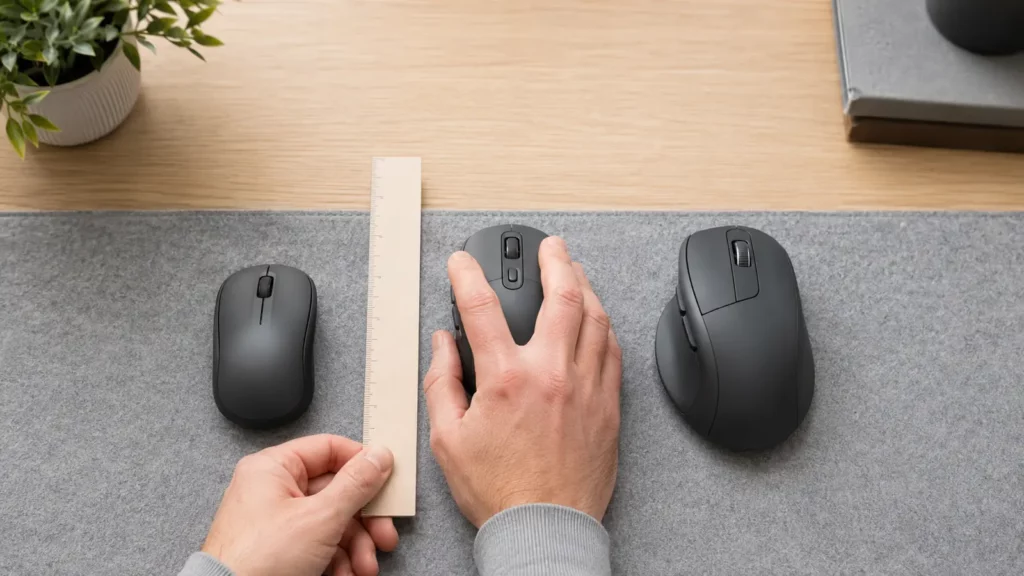 Pessoa compara mouses compacto, médio e ergonômico com a medida da mão.