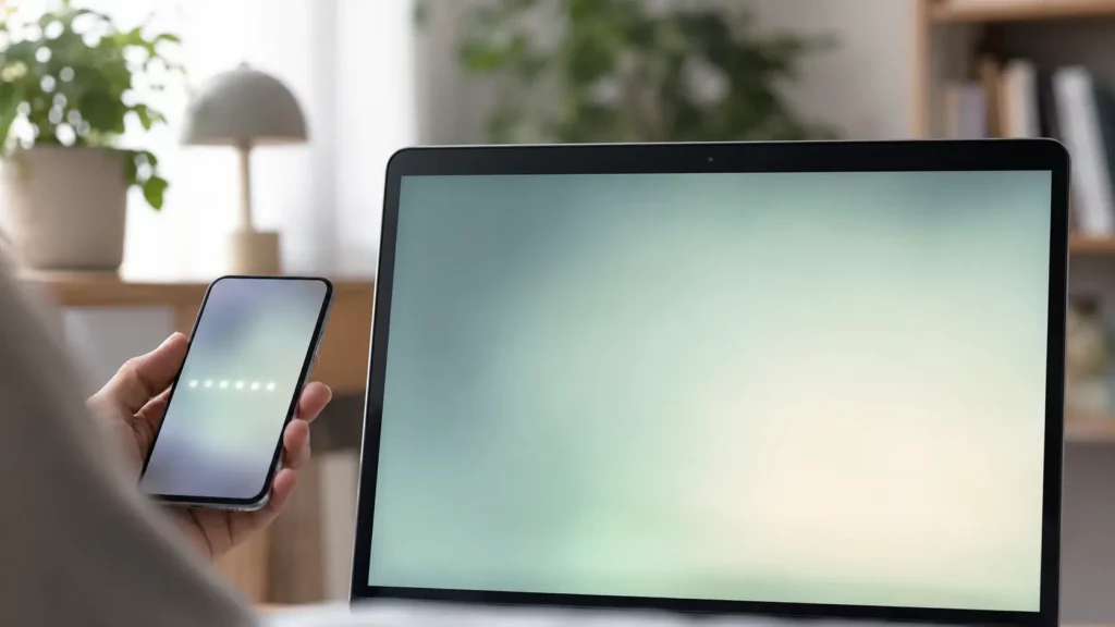 Pessoa testando no notebook um código temporário gerado no novo celular.