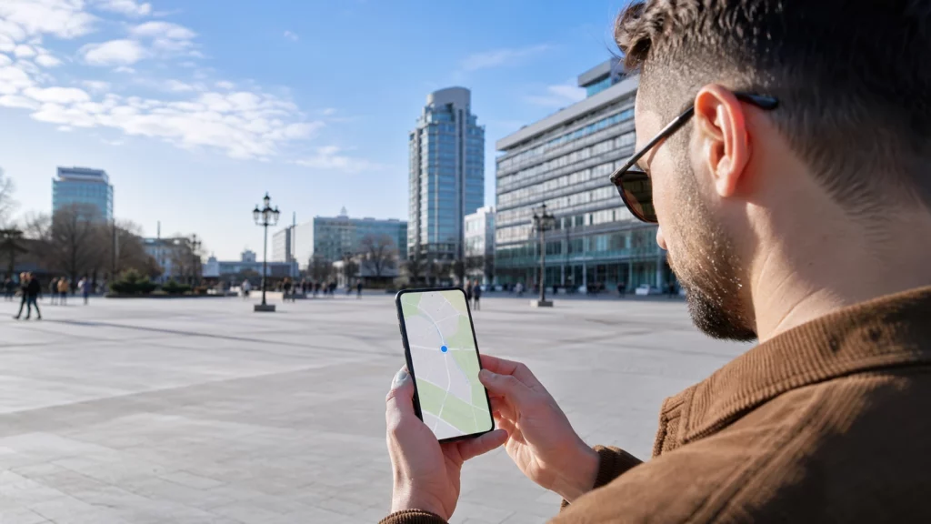 Pessoa conferindo a localização do celular em espaço aberto para melhorar o GPS