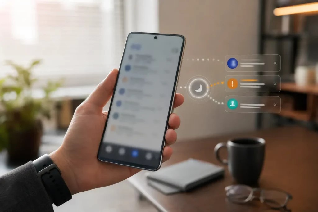 Celular mostra representação conceitual de notificações filtradas pelo modo Foco.